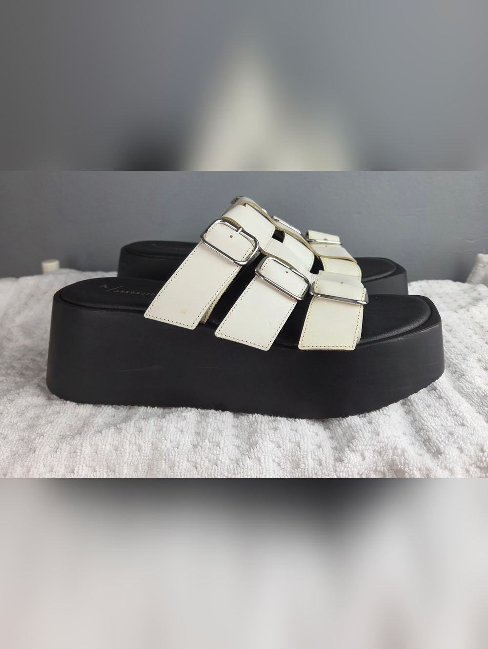 Anthropologie White Triple-Buckle Platform Slide Sandals